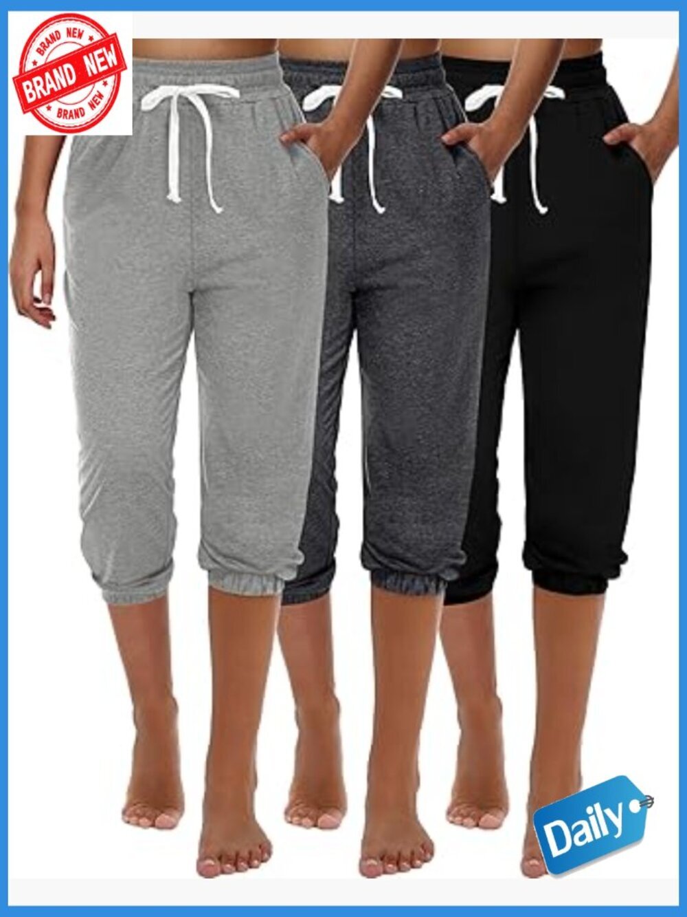 3 Pc Capri Sweatpants Joggers High Waisted Athletic Lounge Pants with Pockets